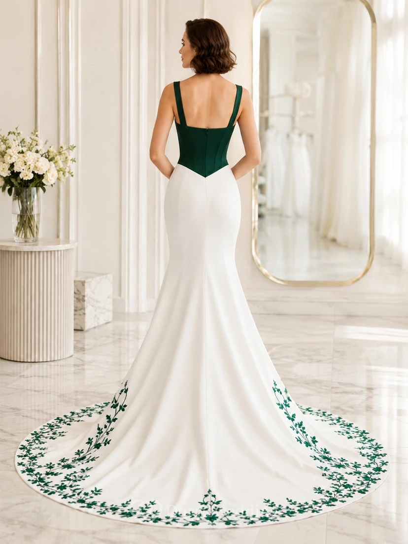 Emerald Embroidered Bridal Sheath Square Sleeveless Sweep Train Modern Elegant Gown view 2