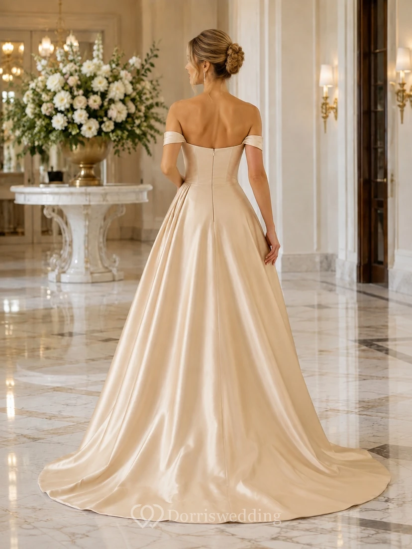 Champagnerfarbenes, schulterfreies, drapiertes A-Linien-Abendkleid aus Satin mit bodenlanger Schleppe und Schleppe view 2