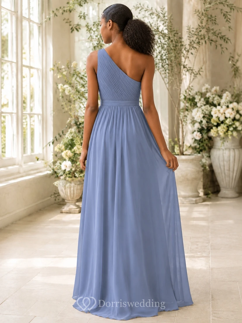 Stahlblaues Brautjungfernkleid für junge Damen, A-Linie, One-Shoulder, ärmellos, elegant, modern view 2