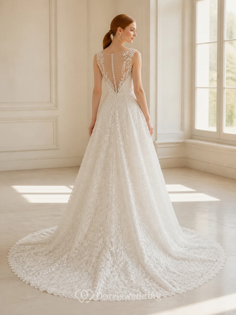 Vestido de novia romántico de corte A con escote en V pronunciado y encaje floral estilo catedral view 2