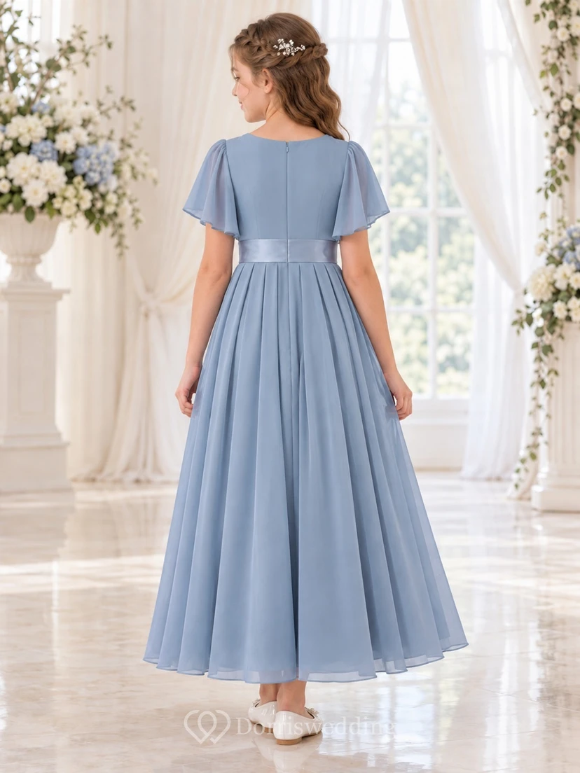 Simple Modest Ankle-length Steel Blue Jewel Neck Short Bell Sleeve Pleated Chiffon Flowergirl Dress view 2