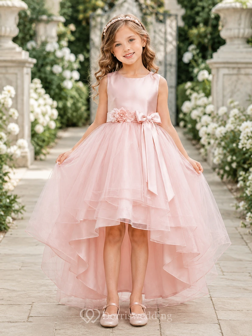 High Low Tulle A-Line Flower Girl Dress with Jewel Neck and Bow Detail