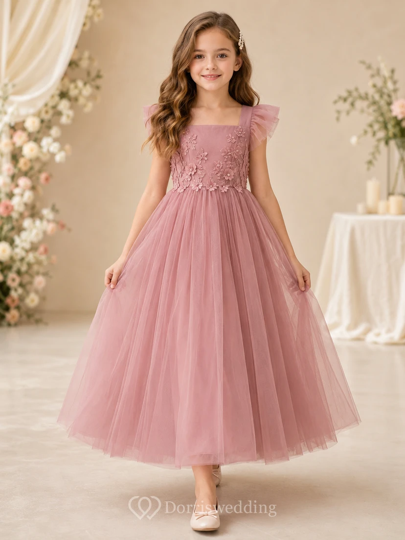 Bodenlanges Tüllkleid mit Spitzenoberteil, A-Linien-Schnitt, kurzen Ärmeln, Rundhalsausschnitt und bodenlangem Rock für Blumenmädchen.