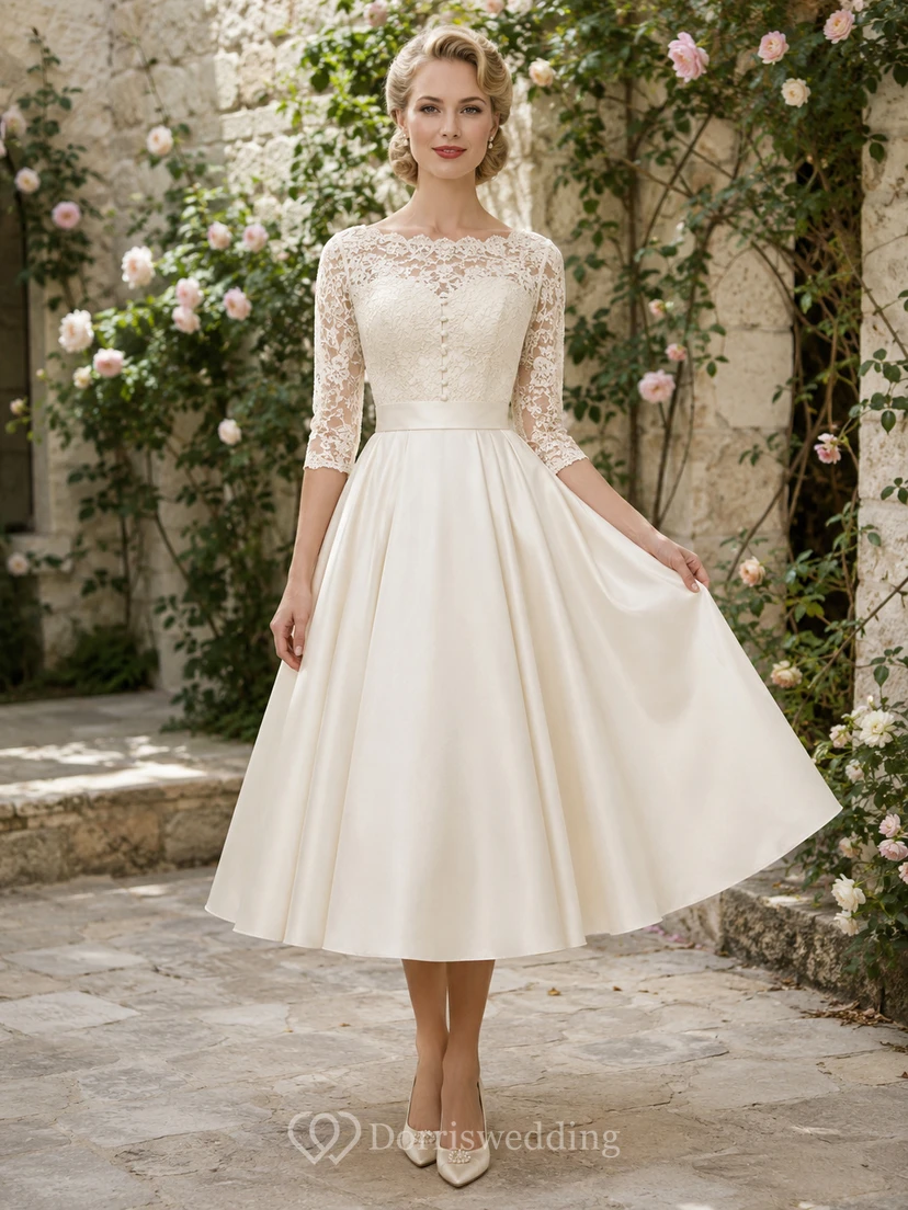Vestido de novia vintage de satén y encaje, corte en A, cuello alto, manga tres cuartos, largo hasta la rodilla.