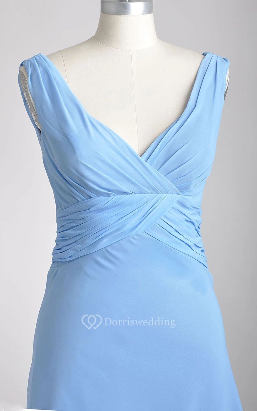 Knee-length Deep-V A-line Pleated Chiffon Teal Bridesmaid Dress view 3