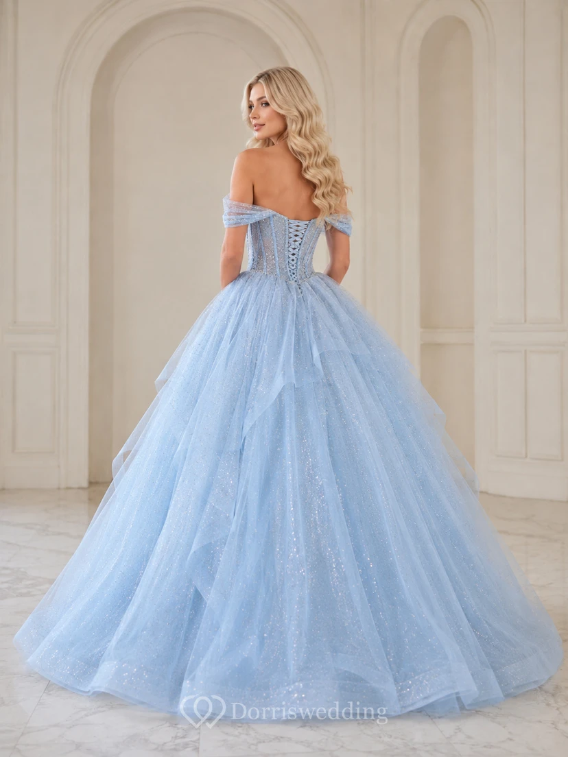 Sky Blue Luxury Off Shoulder Crystal Mesh Layered Tulle Quinceanera Princess Ball Gown view 2