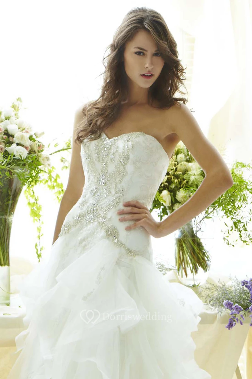 A-Line Ruffled Long Strapless Sleeveless Organza Wedding Dress With Appliques And Beading view 4