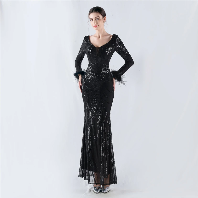 Robe de soirée haut de gamme ornée de perles florales fixes et de poils d'autruche, hôte de la réunion annuelle d'hiver view 29