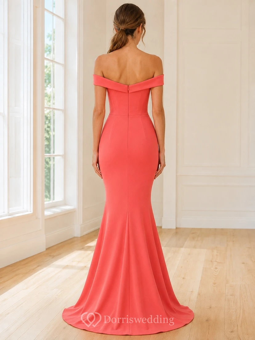 Sexy korallenfarbenes, schulterfreies, kurzärmeliges Meerjungfrauen-Jersey-Abendkleid view 2