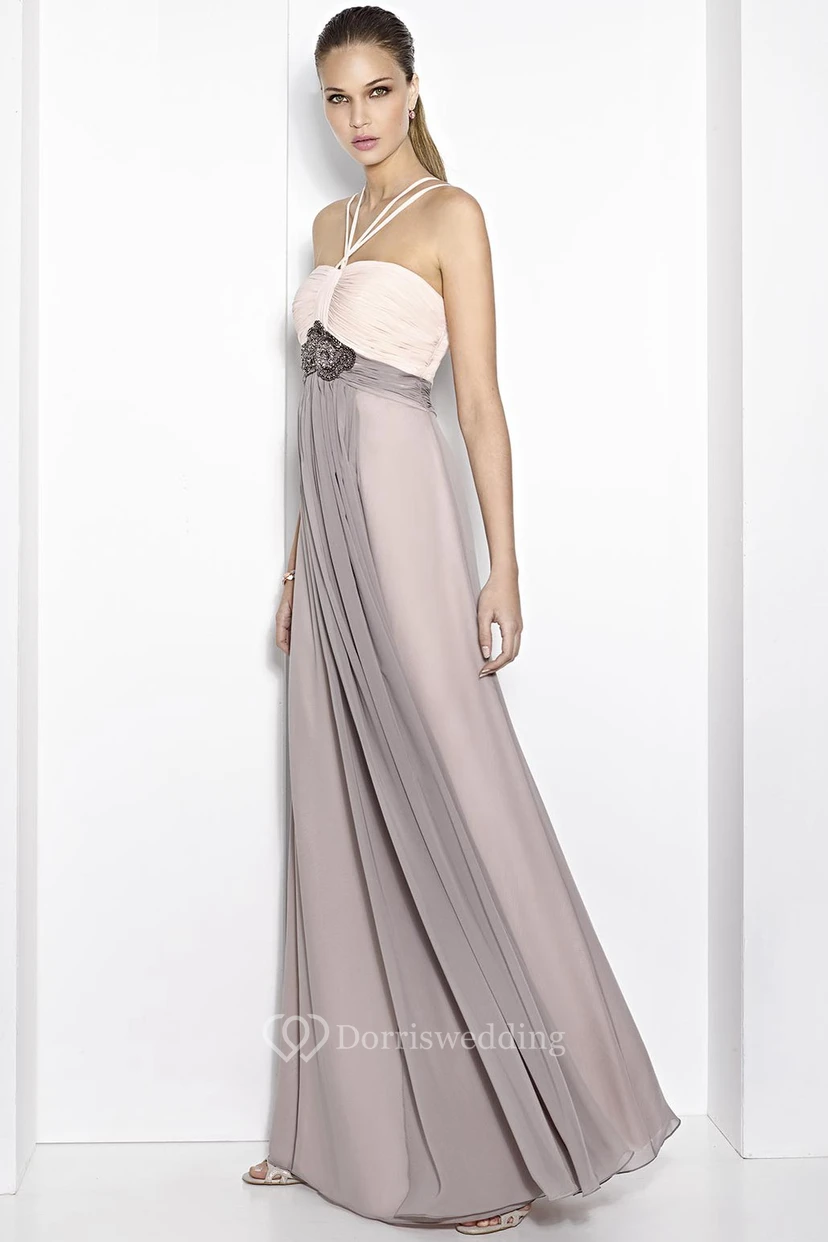 Sheath Strapped Empire Sleeveless Floor-Length Ruched Prom Dress With Waist Jewellery