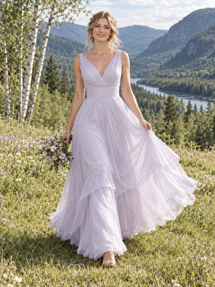 Vestido de novia de voile de algodón color lavanda empolvado con escote en V, falda asimétrica de capas y cola.