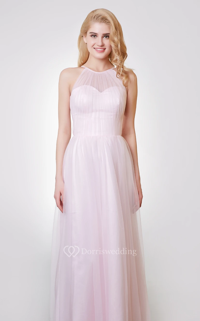 Sleeveless A-line Long Tulle Dress With Pleats view 5