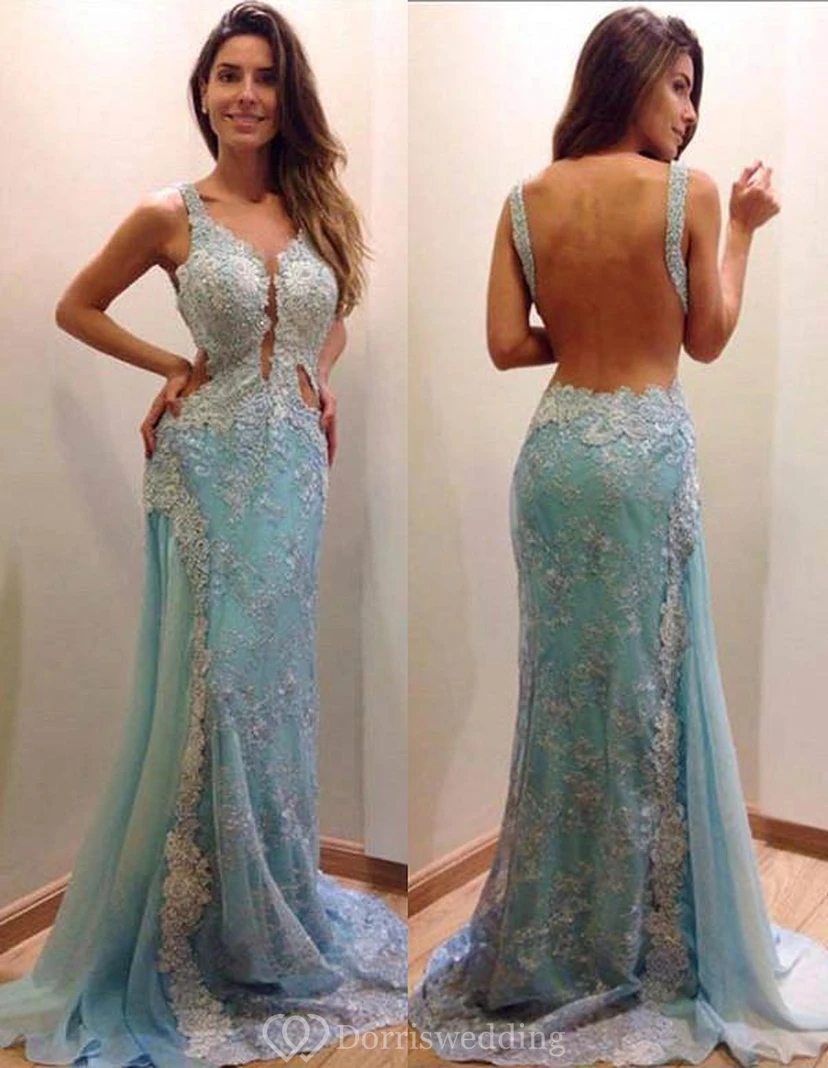Delicate Lace Appliques A-line Evening Dress Mermaid Open Back Straps