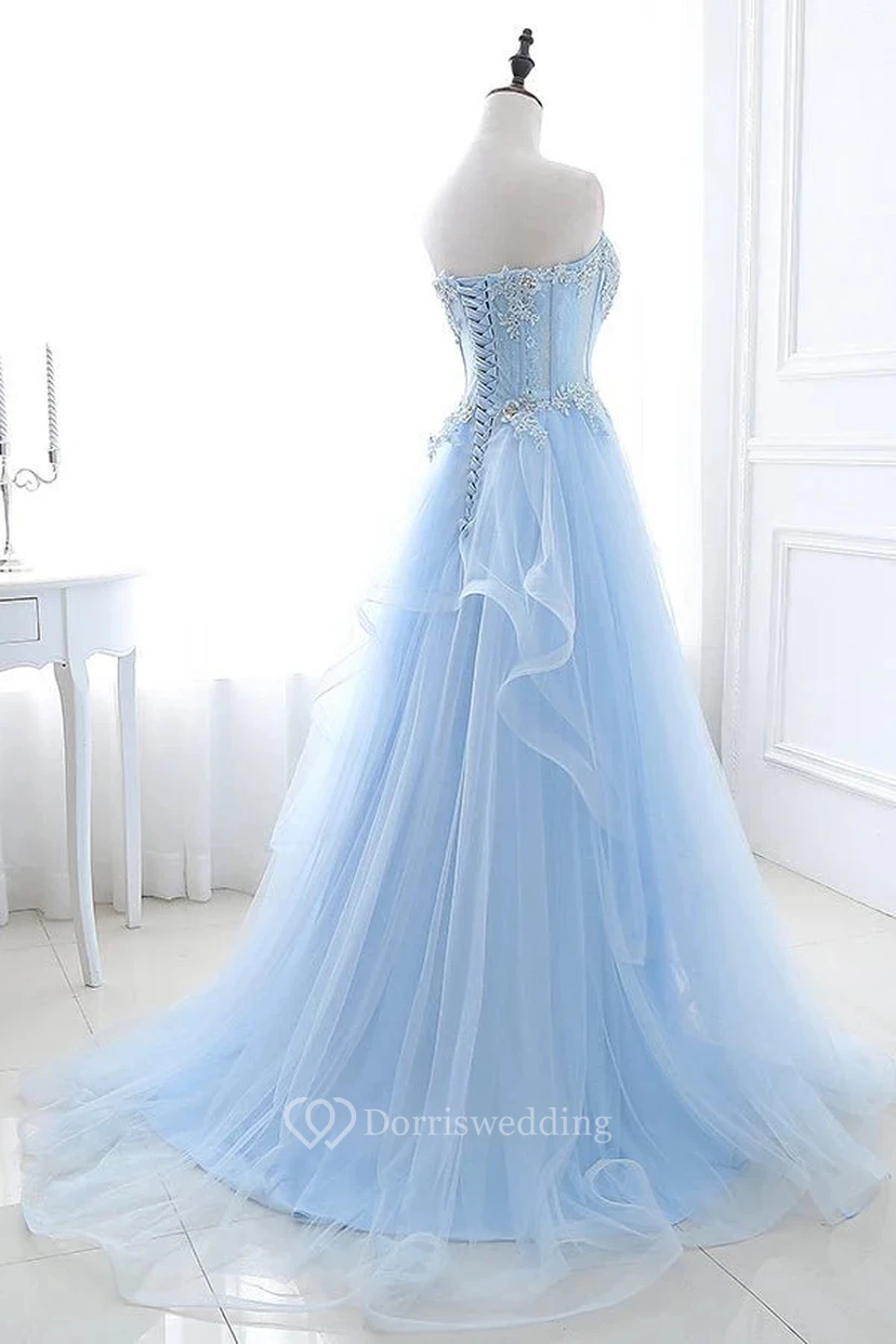 Light Blue Strapless Floral Ball Gown with Ruffles view 4