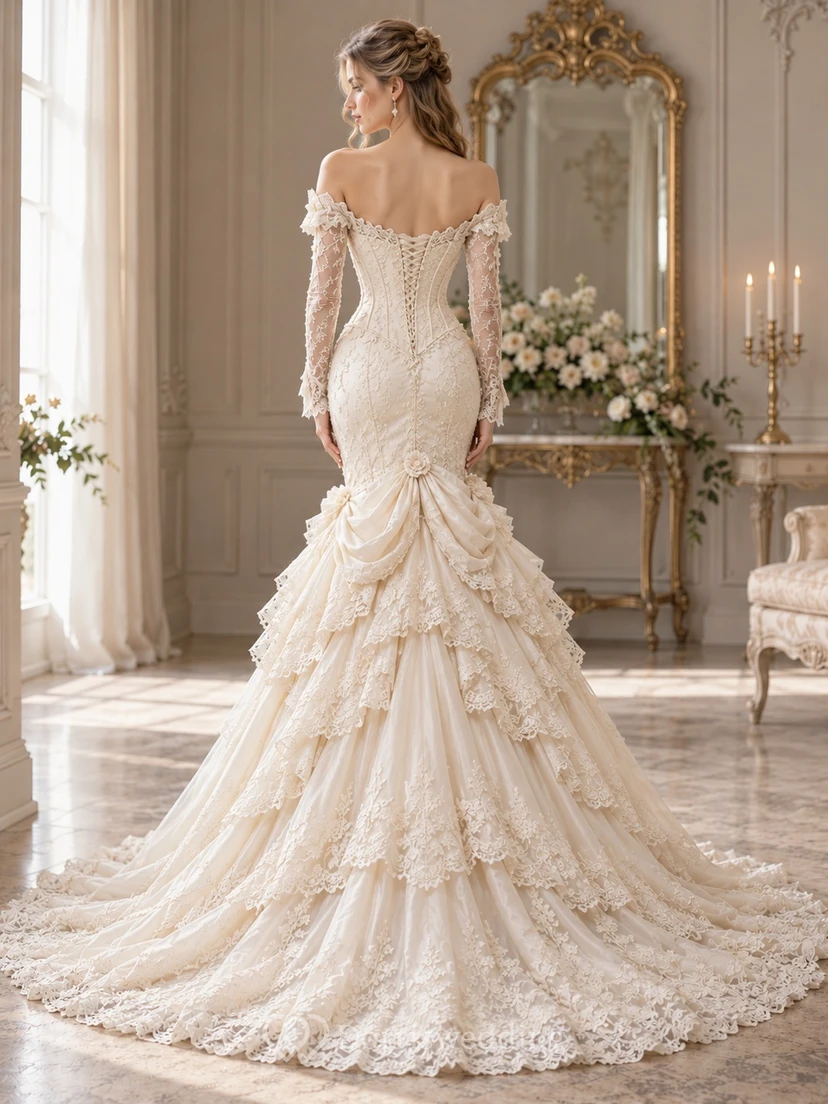 Victorian Mermaid Off Shoulder Long Sleeve Ruffled Lace Wedding Dress view 2