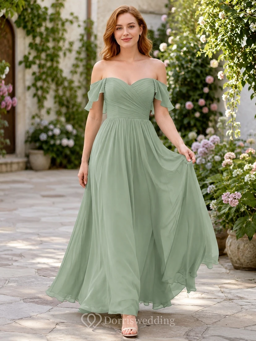 Sage Chiffon Off-the-shoulder Short Sleeve A-Line Floor-length Pleated Romantic Elegant Garden Bridesmaid Dress