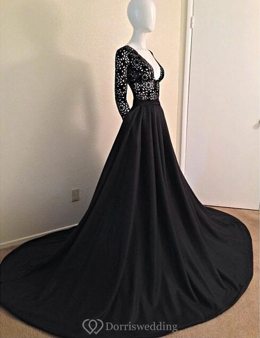 Sexy schwarzes langärmeliges Spitzenkleid mit V-Ausschnitt und A-Linien-Schnitt