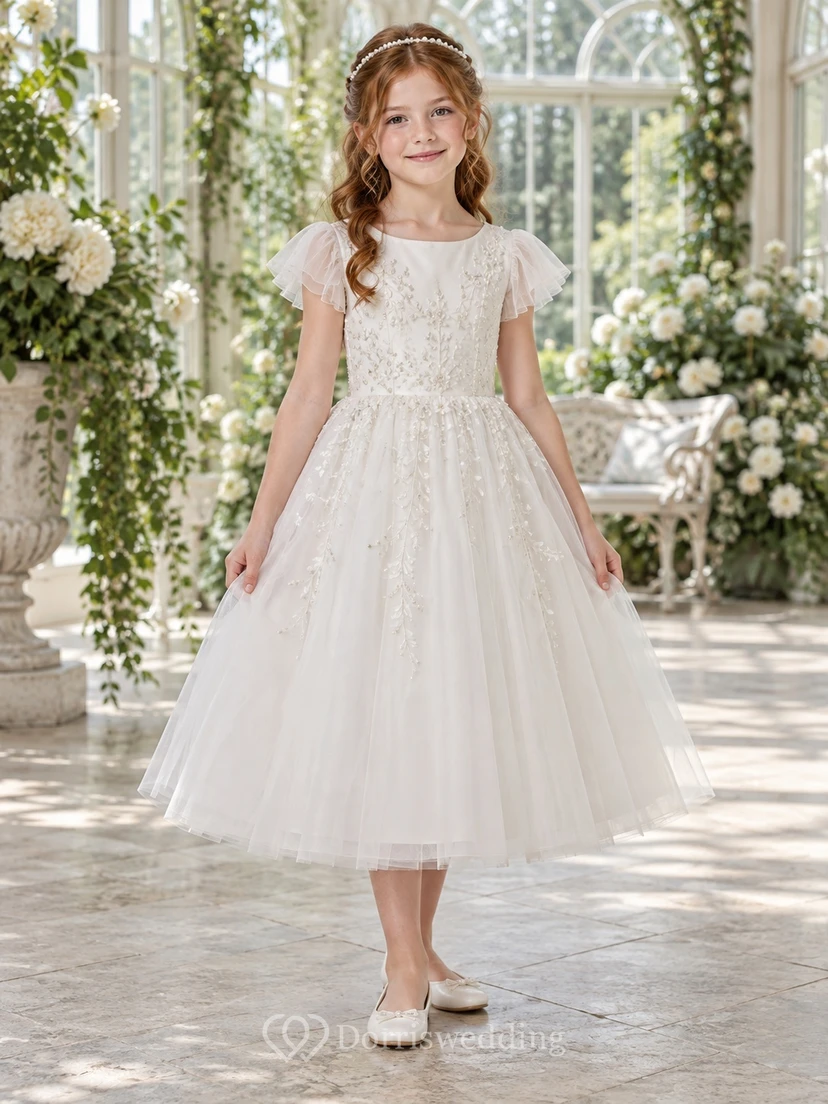 Vestido de niña de flores modesto, blanco, con estampado floral, corte en A, tul, mangas con volantes y apliques.