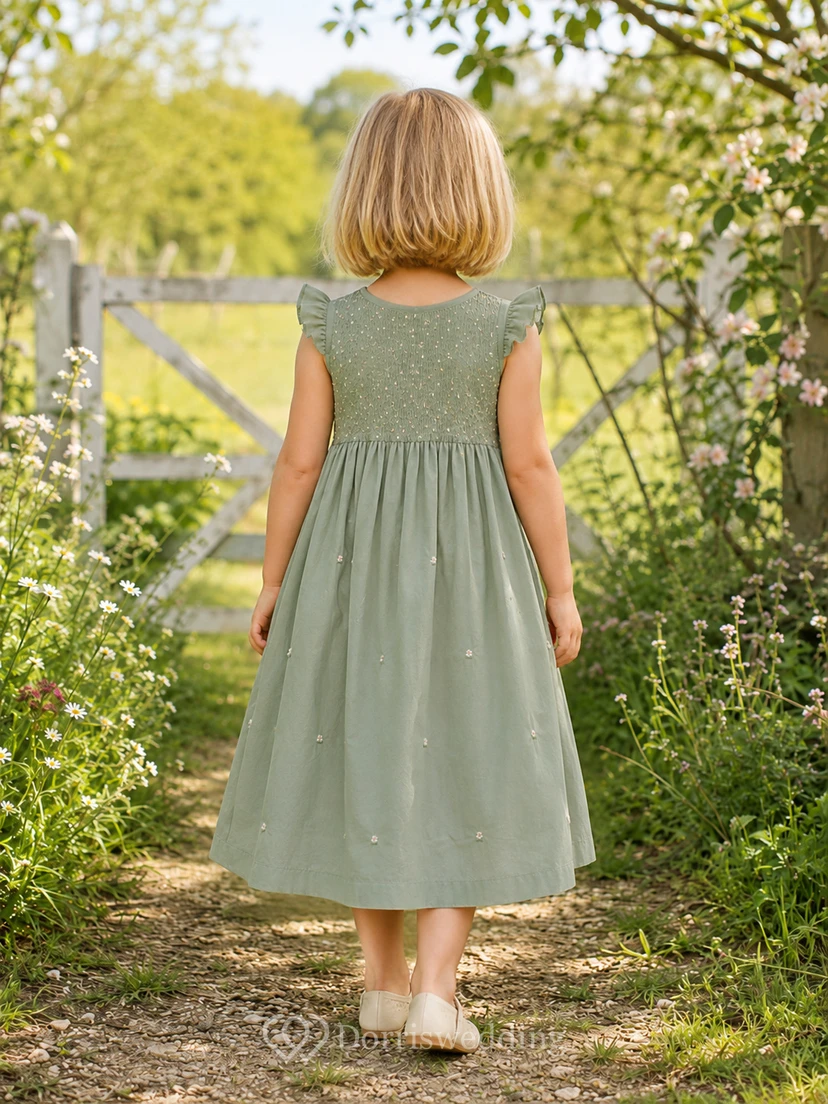 Vestido de niña de las flores color salvia, gasa, tul, corte en A, escote redondo, largo hasta la rodilla, plisado. view 2