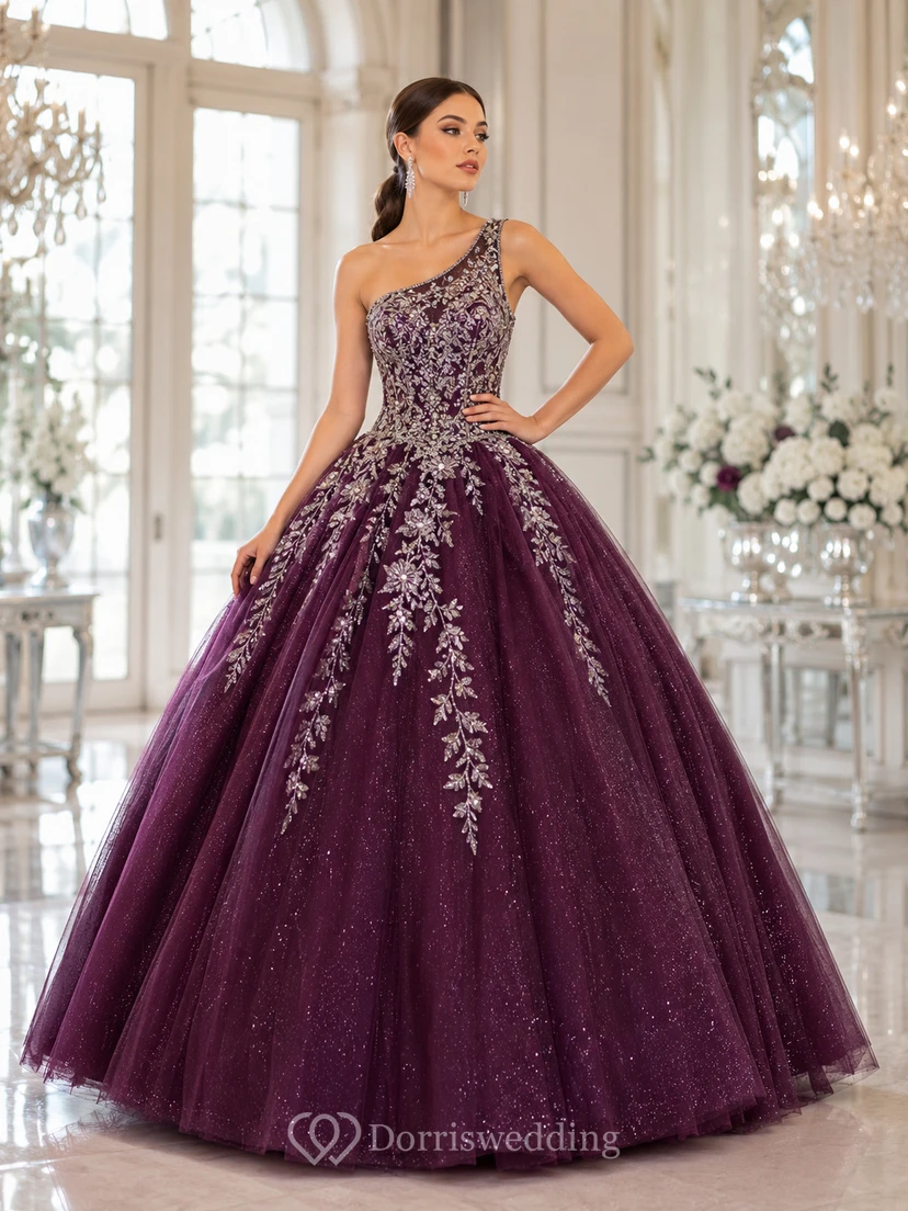 Plum Silver Luxury One Shoulder Embroidered Sweet Sixteen Princess Formal Ball Gown
