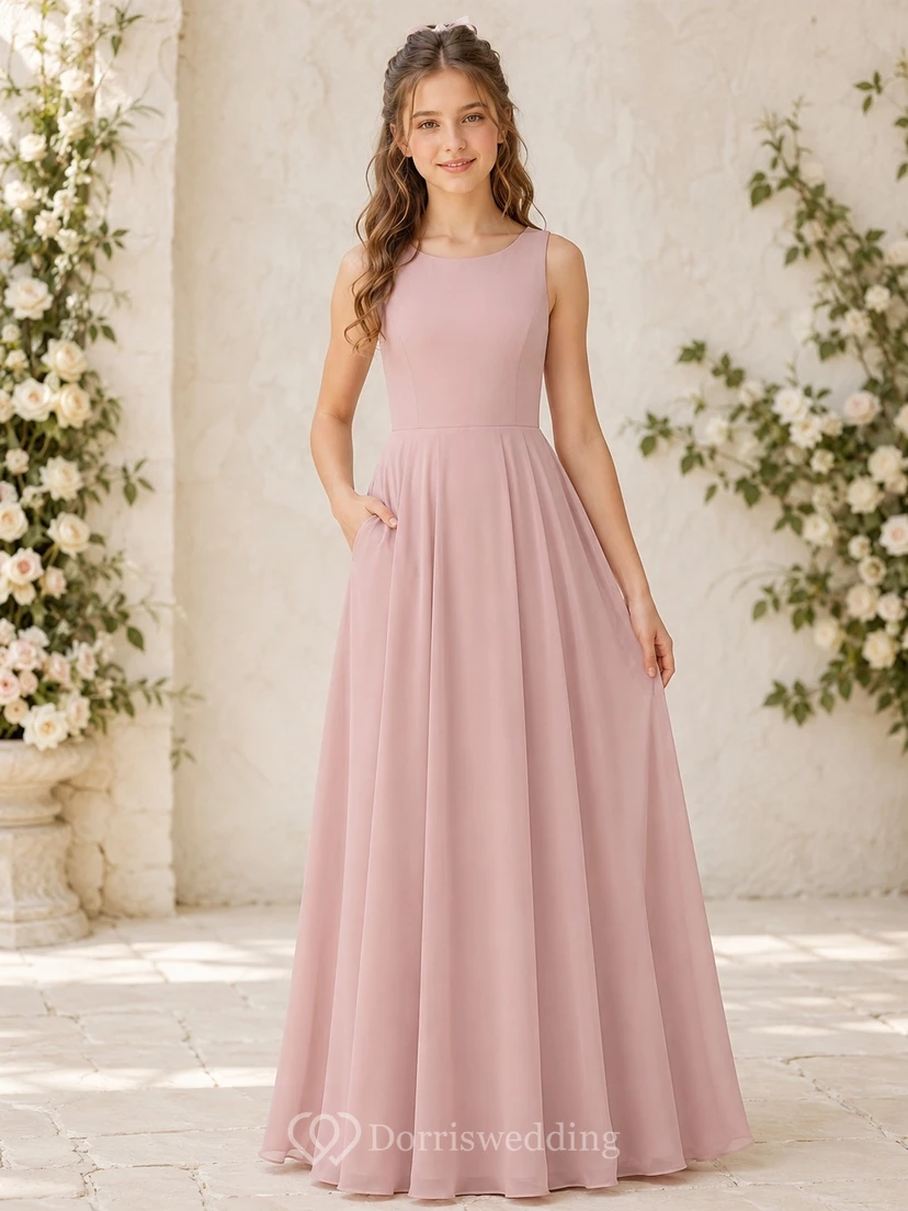 Vestido de dama de honor juvenil rosa ruborizado, corte en A, escote redondo, sin mangas, gasa, detalle de bolsillo, sencillo.