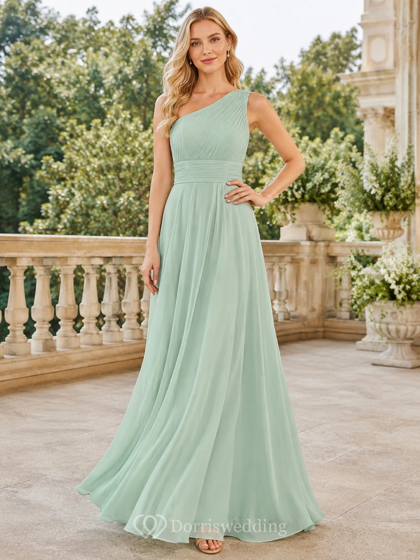 Mint green one shoulder pleated chiffon floor length bridesmaid dress