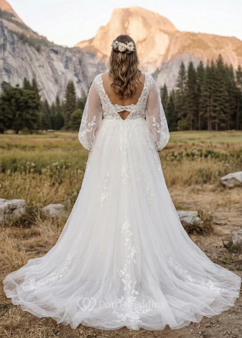 Plus Size Boho Long Sleeve Lace Tulle A-Line Wedding Dress with V-Neck view 2