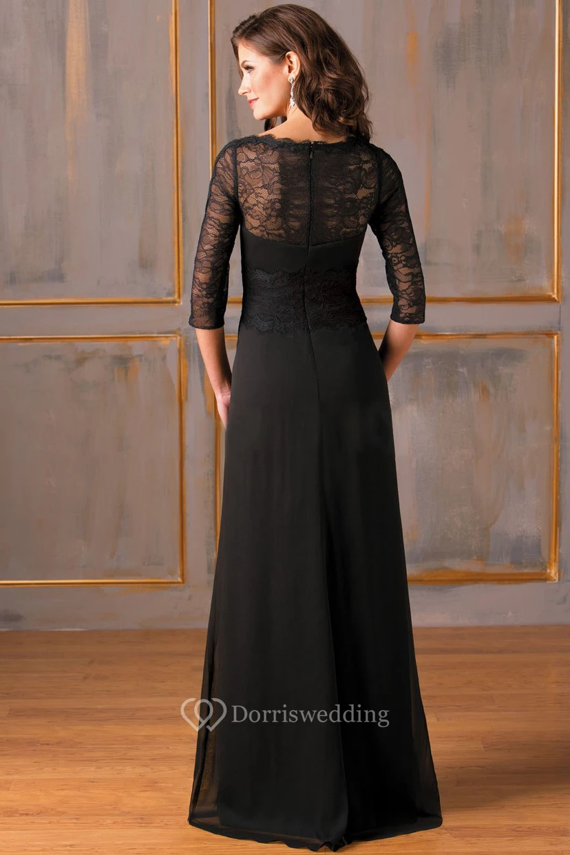 3-4 Sleeved Long Chiffon Mother Of The Bride Dress With Lace And Sweep Train view 2