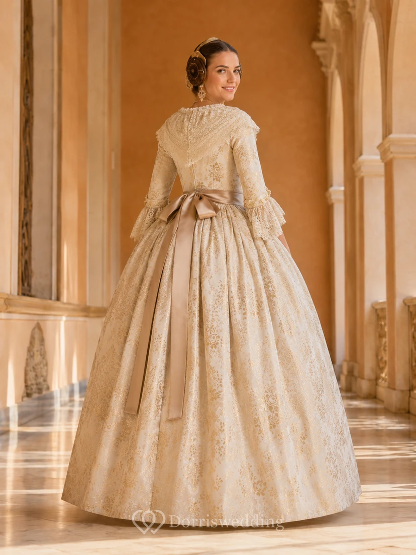 Champagne Gold Fallera Ball Gown Floor Length Scoop Bell Sleeve Brocade Dress view 2