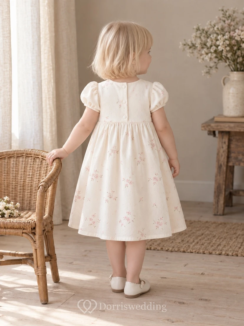 Simple Modest Cream Knee Length Tiny Floral Compact Puff Sleeve Flower Girl Dress