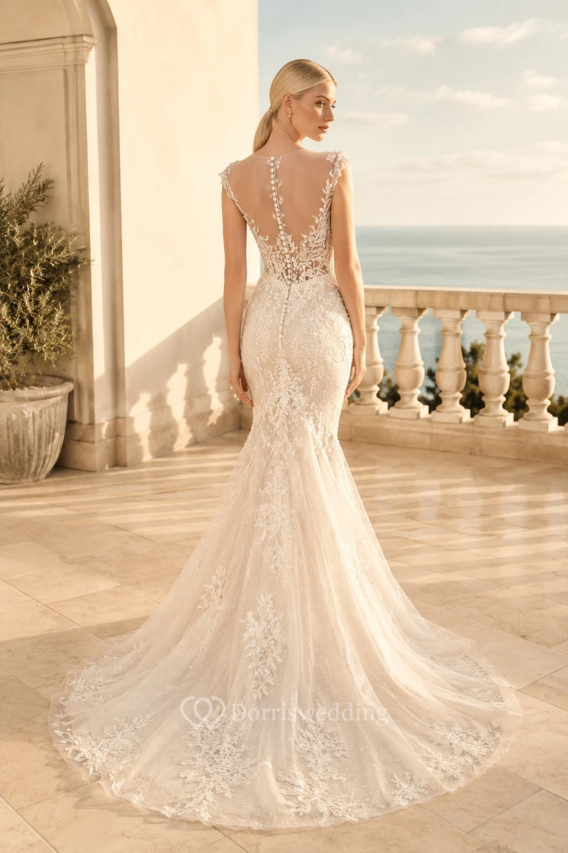 Vestido de novia de sirena color marfil con escote ilusión de encaje y espalda baja. view 2