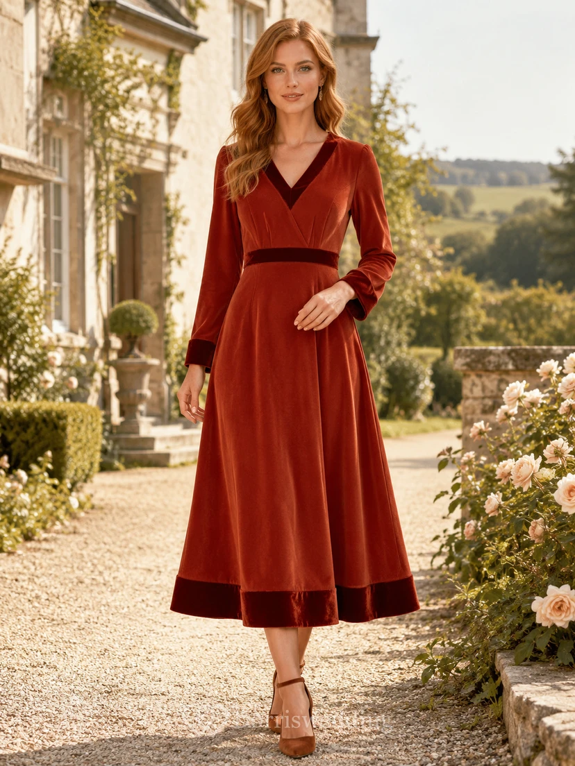 Burgundy V Neck Long Sleeve Velvet Trim Midi Guest Dress