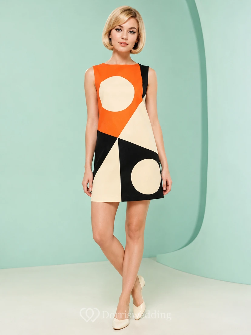 Sixties Geometric Sleeveless Mini Shift Retro Cocktail Occasion Dress