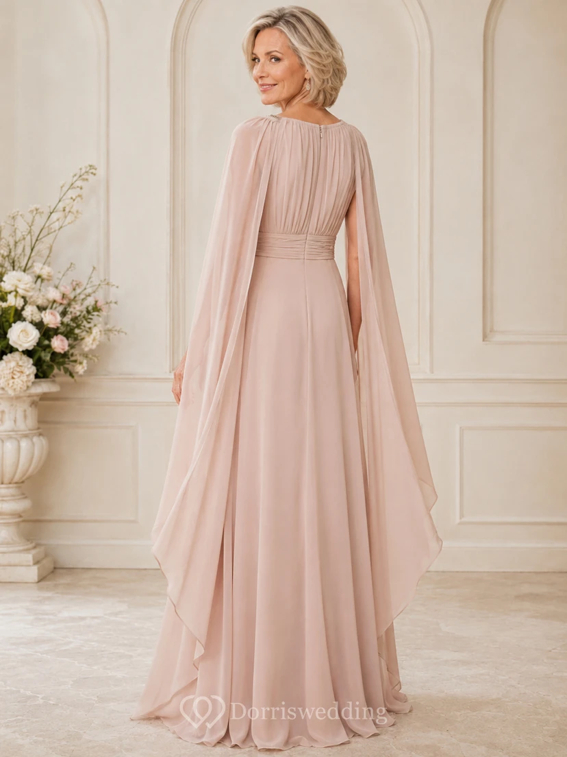 Blush Modest High-Neck Chiffon A-Line Floor-Length Mother of the Bride Gown with Long Draped Cape Sleeves view 2