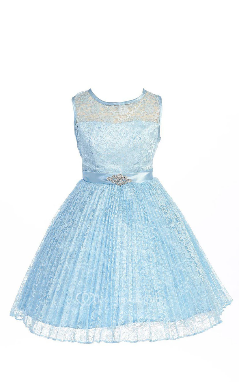 A-line Sleeveless Jewel Neck Lace Dress With Satin Belt view 2