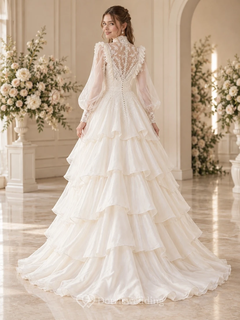 Brautkleid in A-Linie mit hohem Kragen, Spitzenkragen, Bischofsärmeln, Stufenrüschen und Rüschen view 2