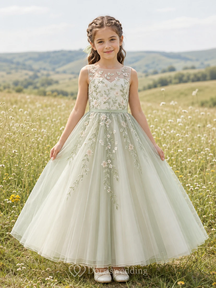 Sage Floor-Length Ball Gown Flower Girl Dress with Sleeveless Illusion Scoop Bodice, Botanical Embroidery and Zipper Back