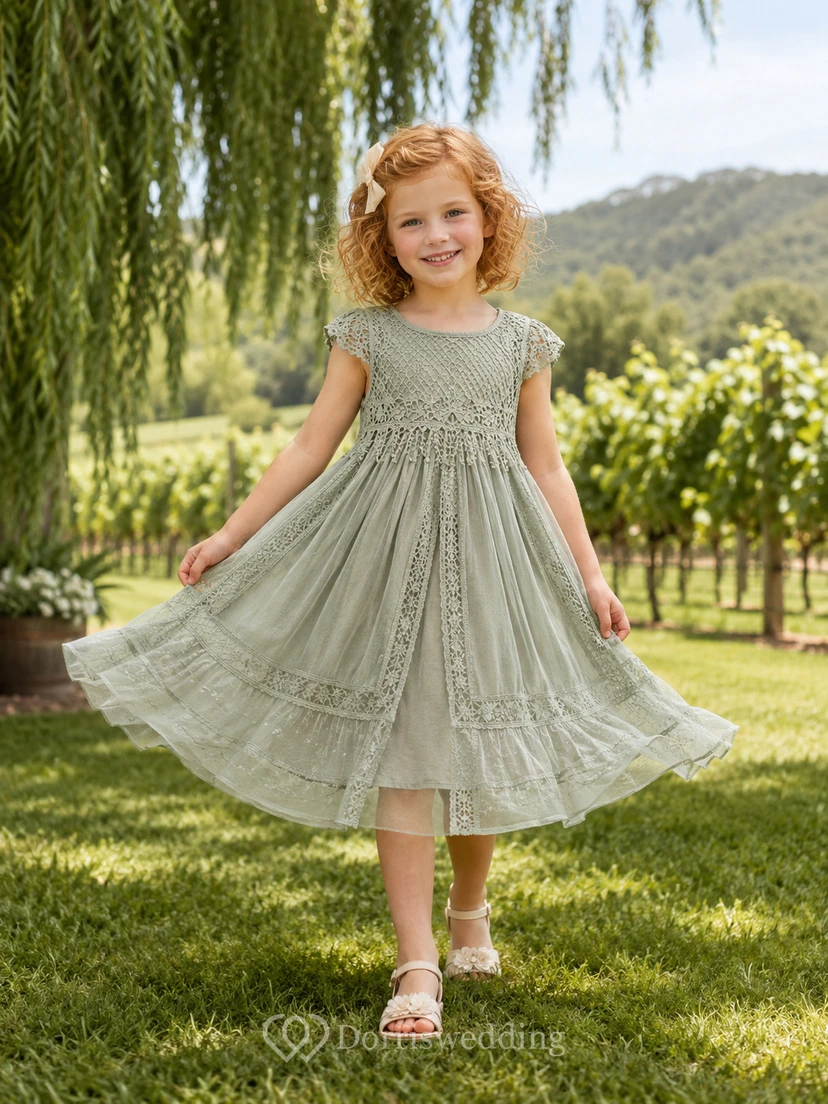A-Line Flowergirl Crochet Lace Chiffon Tea-Length Flutter Sleeve Bohemian Wedding Dress with Tiered Skirt