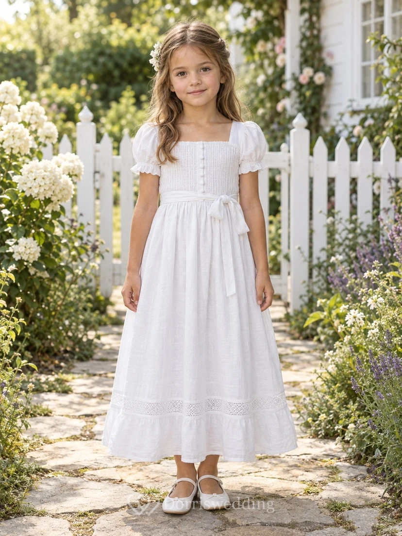 Square Neck Vintage Country White Puff Sleeve Bow Linen Flower Girl Dress