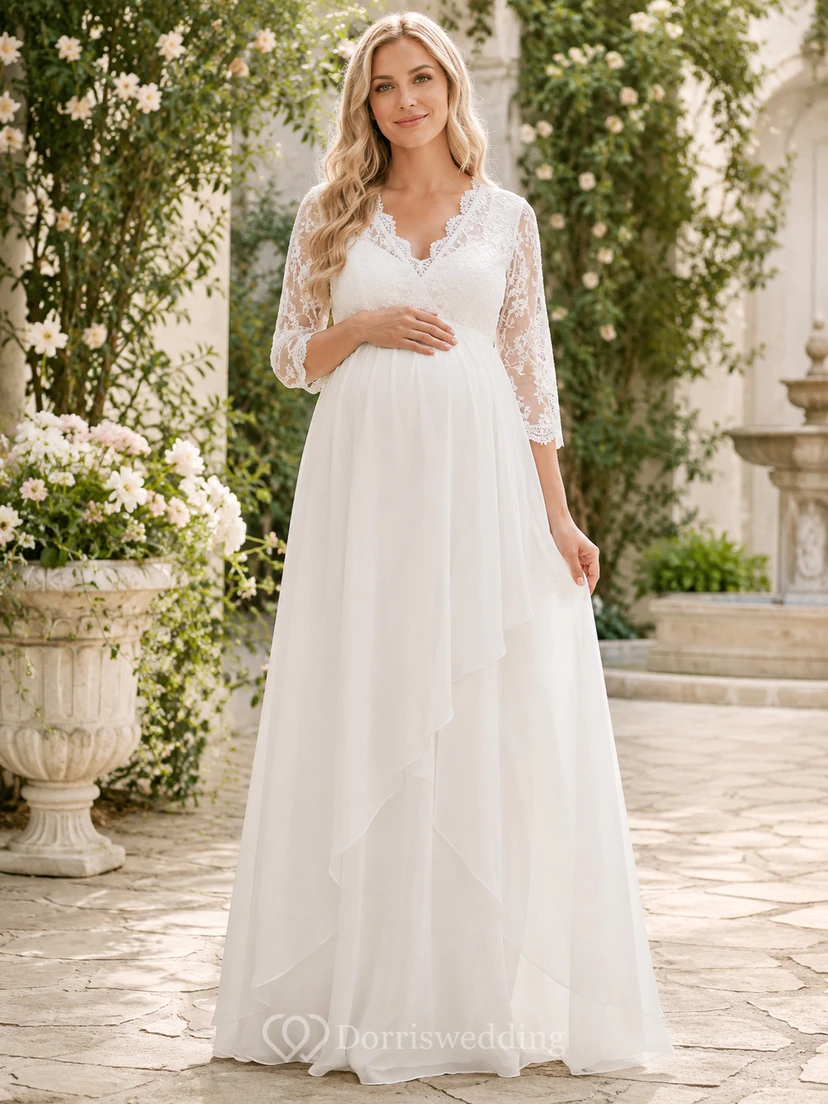 Robe de mariée/maternité romantique en mousseline, style empire, longue jusqu'au sol, col en V et manches trois-quarts, style Tender Garden Empire