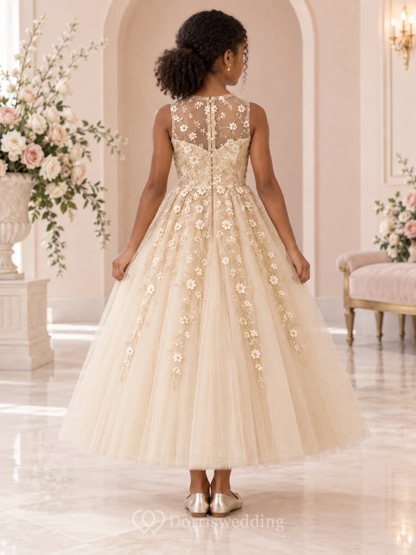 High-Neck Champagne Floral A-line Tulle Sleeveless Ankle-length Appliqued Flower Girl Dress view 2