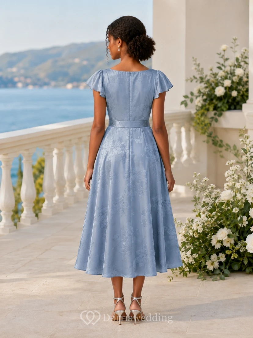 Himmelblaues Brautjungfernkleid im A-Linien-Schnitt, wadenlang, eckige kurze Ärmel, Blütenblatt-Satin, floraler Ausbrenner-Look, Vintage view 2