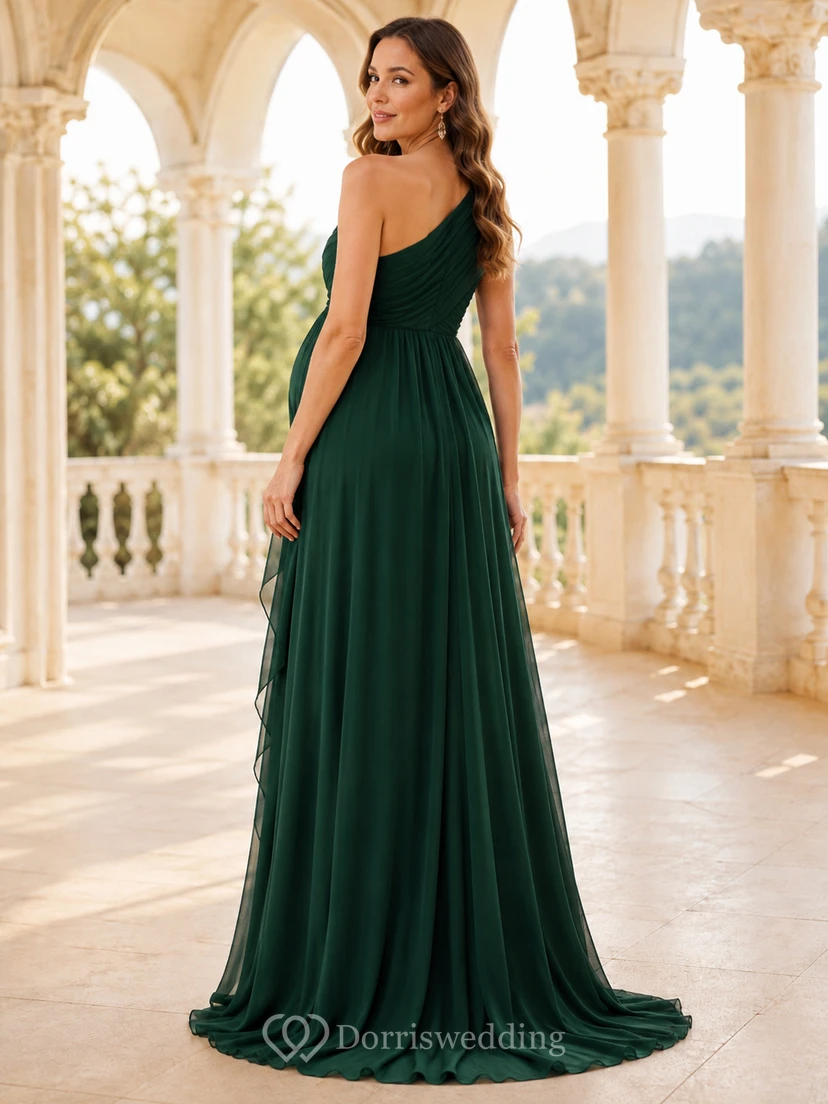 Dunkelgrünes Chiffon-Umstandsabendkleid mit One-Shoulder-Design und Falten view 2