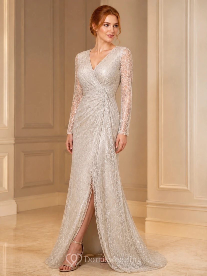 Vestido de noche formal modesto plateado con escote en V cruzado, manga larga y abertura