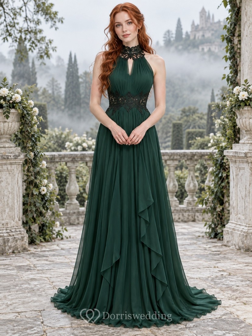 royal green bridesmaid dresses Emerald Gothic Halter Keyhole Chiffon Lace Ruched Ruffled Flowing Dress mixed green bridesmaid dresses