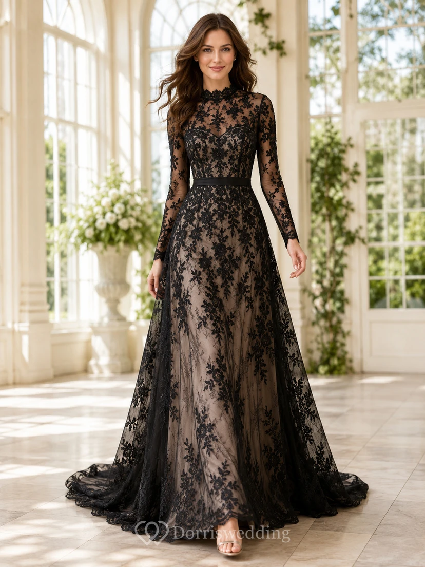 Vintage Black High Neck Long Sleeve Lace A-Line Illusion Back Wedding Dress