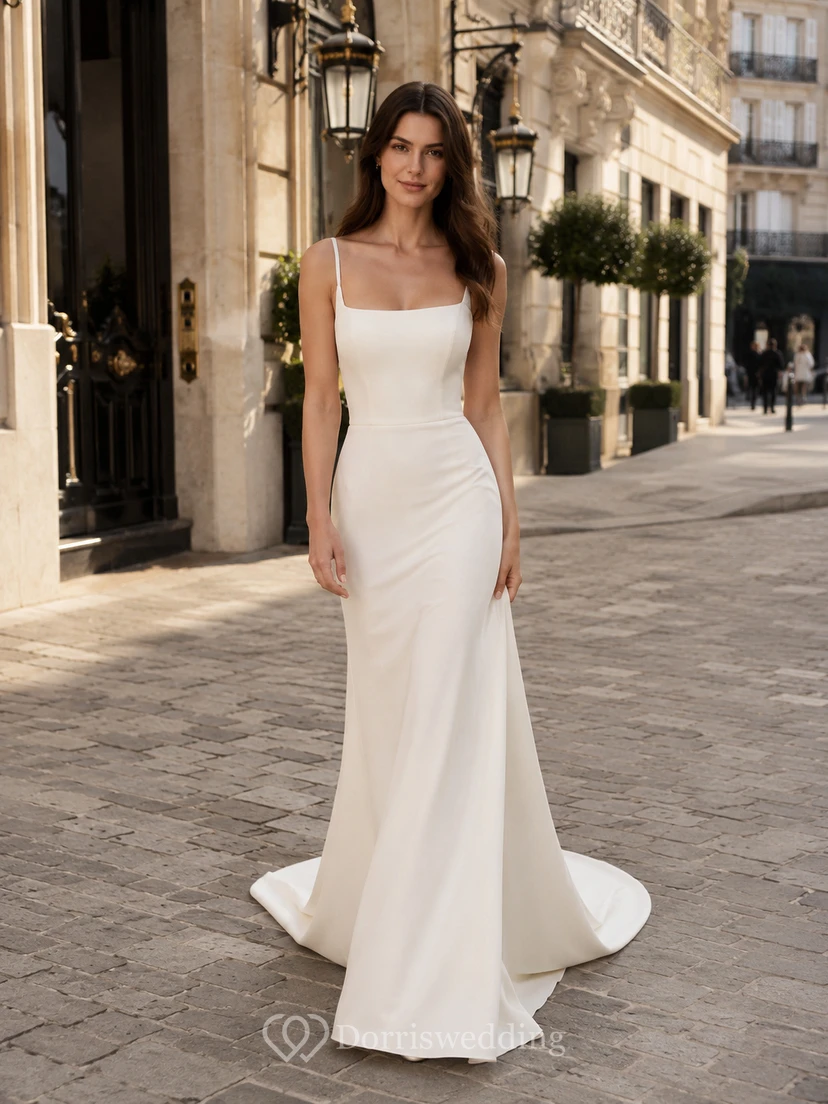 Robe de mariée sirène en satin à fines bretelles carrées et traîne balayée, style simple, pour une destination.
