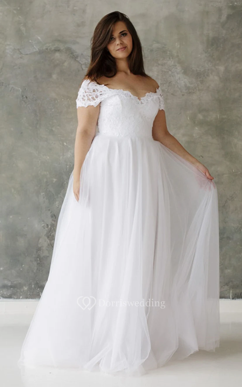 Plus Size A Line Lace and Tulle Sleeveless Wedding Gown view 2