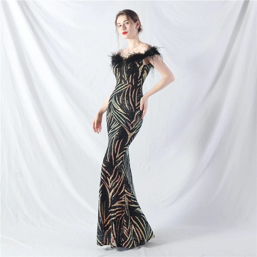 Robe de soirée haut de gamme à sequins, ornée d'un gilet à taille en arêtes de poisson et de plumes d'autruche. view 52