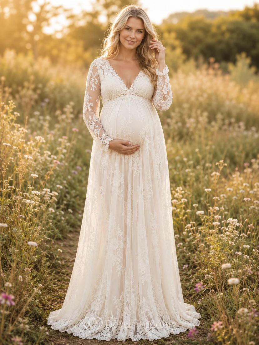Boho-Umstandsbrautkleid, A-Linie, lange Ärmel, aus Spitze und Tüll, mit V-Ausschnitt und Schleppe